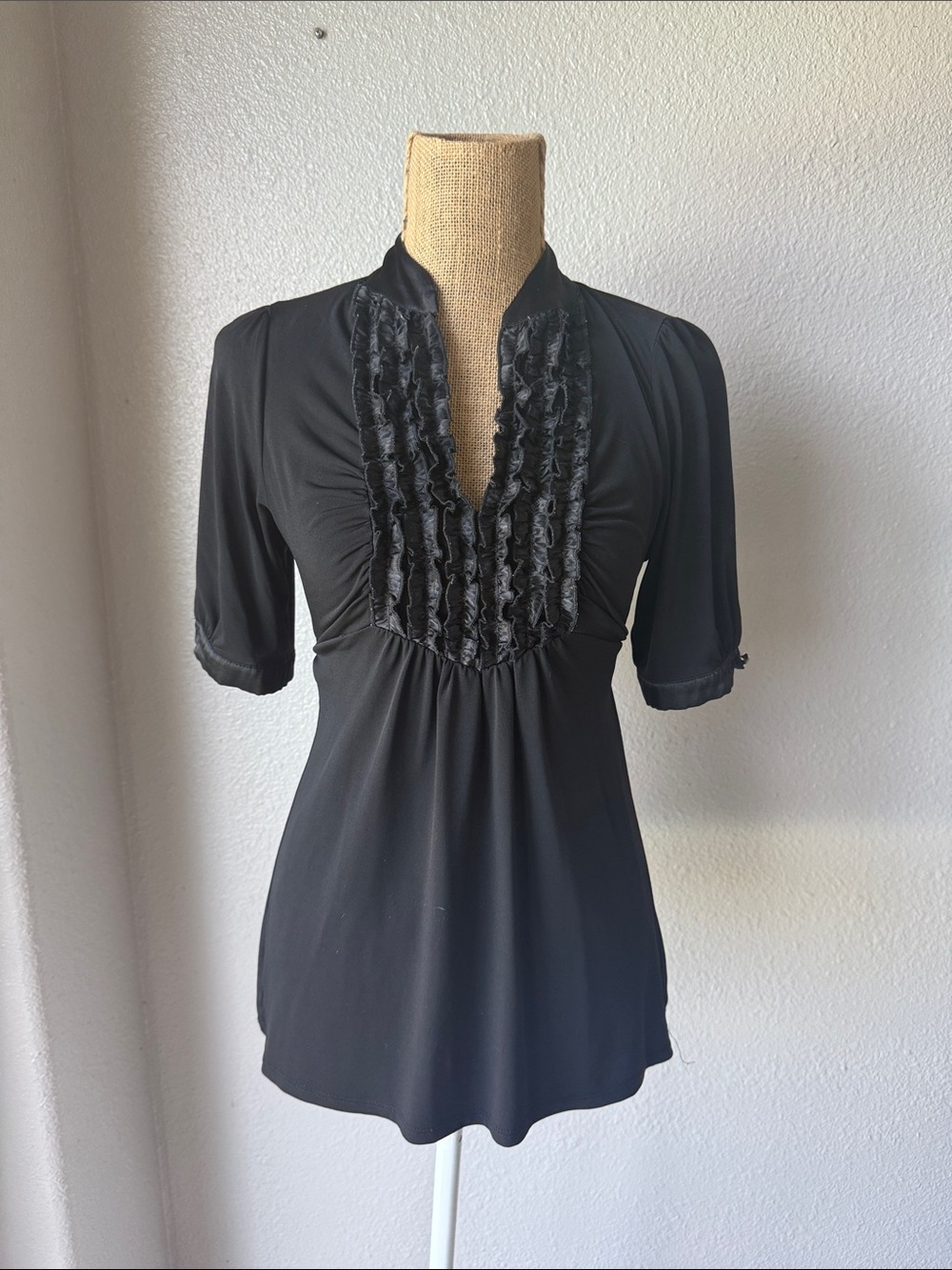 Heart Soul Black Ruffled Split-Neck Blouse